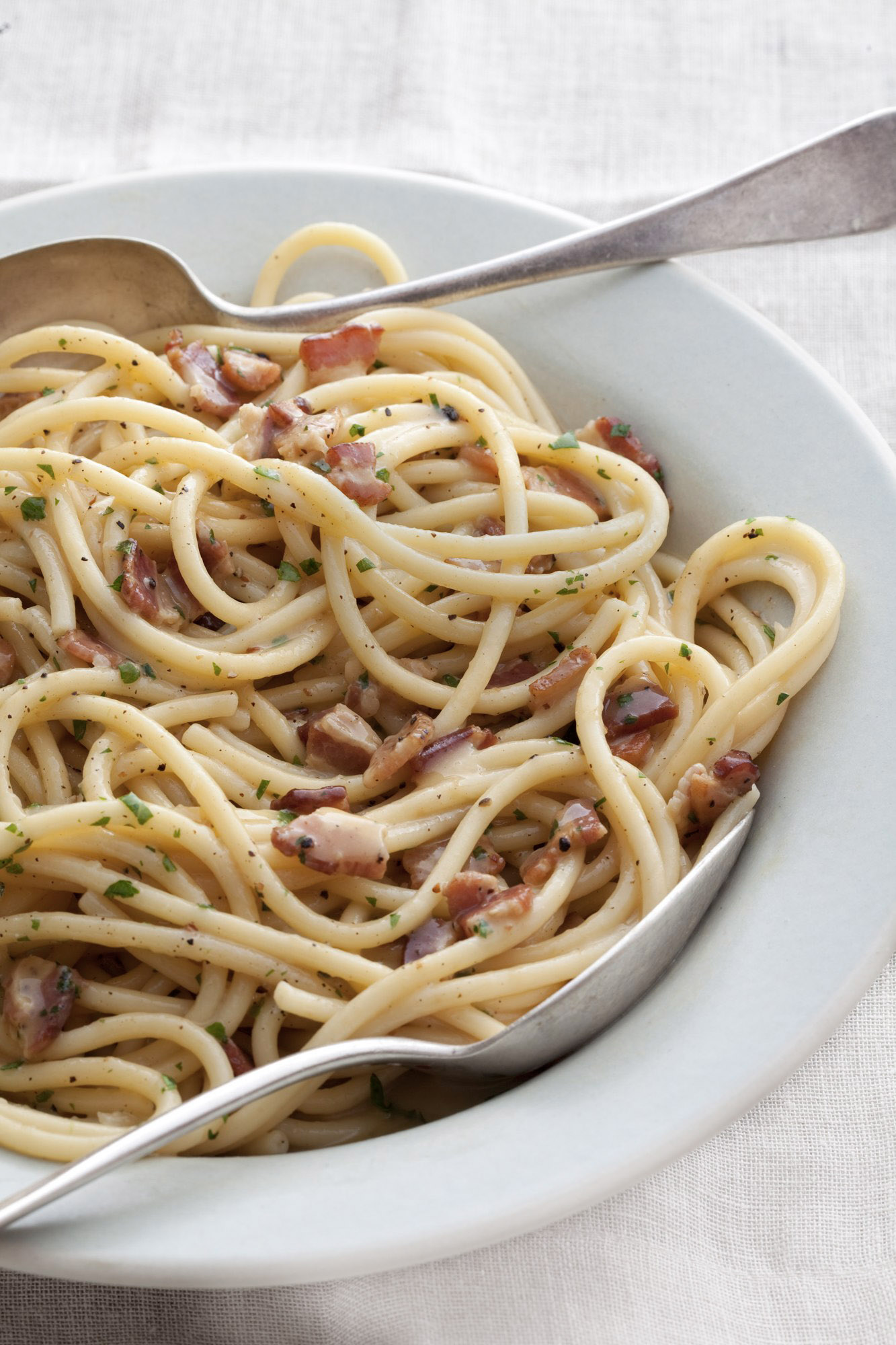 food stylist in San Francisco - Spaghetti Carbonara for the Pasta Cookbook by Julia Della Croce, photographed by Ray Katchatorian photographers