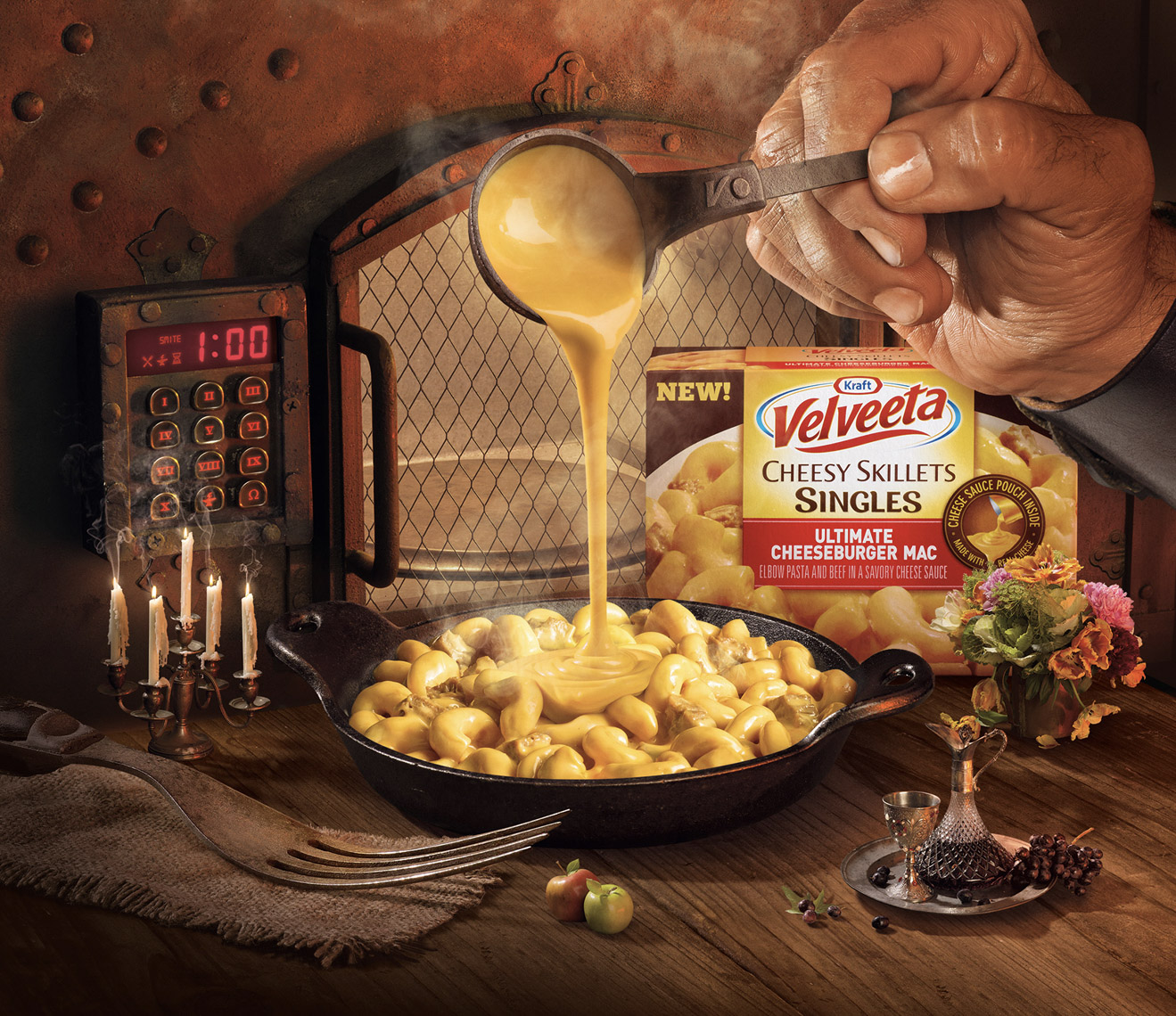 food stylist in San Fancisco - Cheesy skillet Kraft Velveeta macaroni and cheese advertising photographed by Maren Caruso photographer