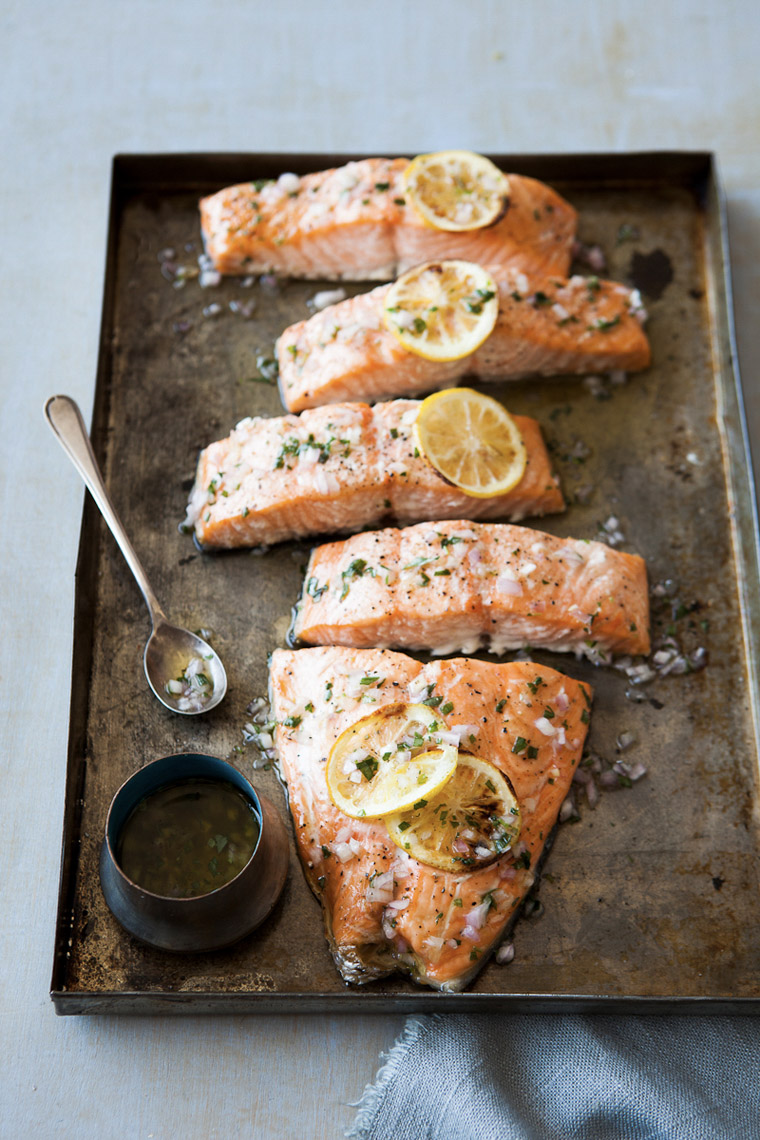 food stylist in San Francisco - SBaked wild king salmon for Food & Wine Magazine, photographed by Erin Kunkel