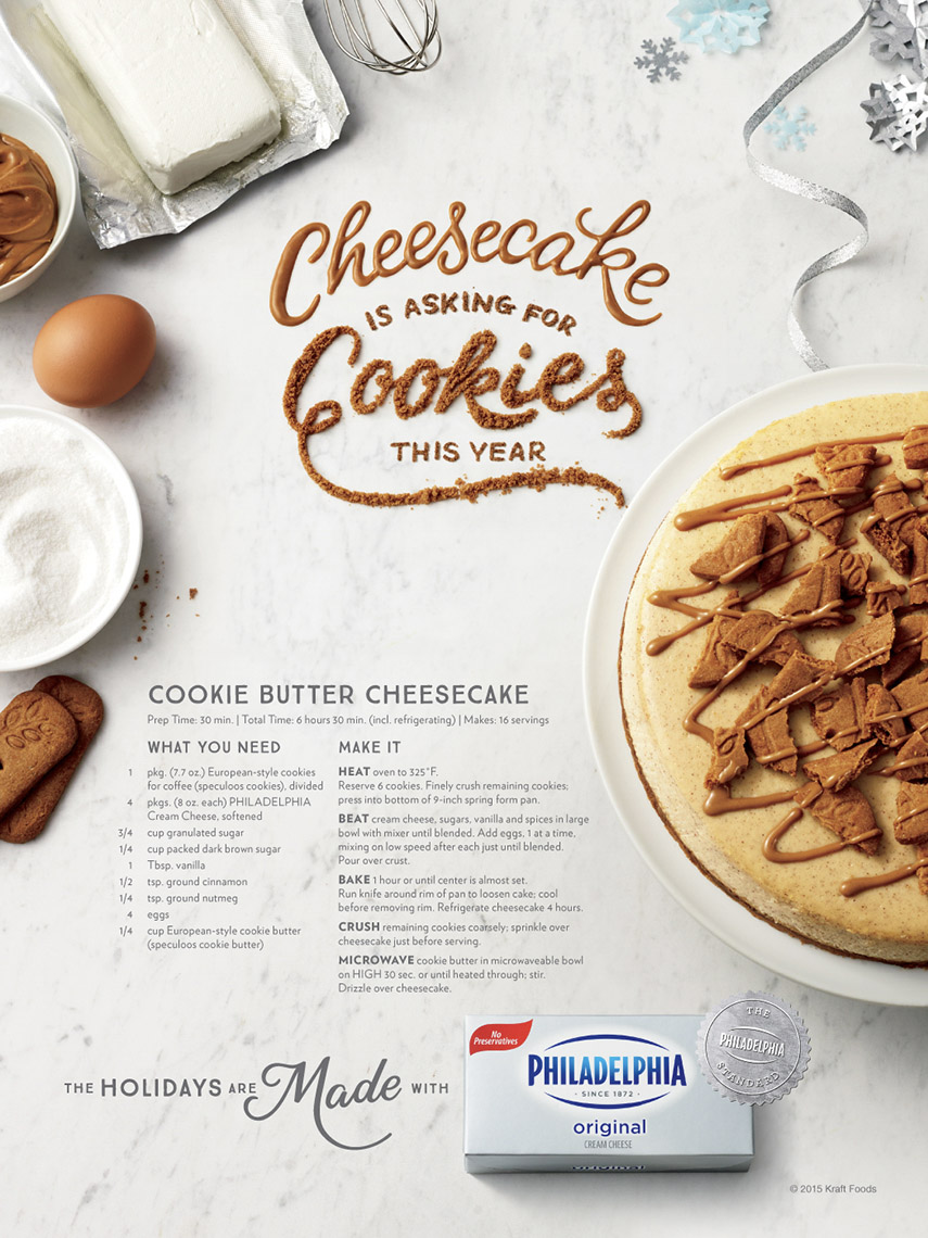 food stylist in Chicago - Cookie butter cheesecake recipe: Cream Cheese for Kraft Philadelphia Cream cheese holiday advertising photographed by Laurie Frankel photographer