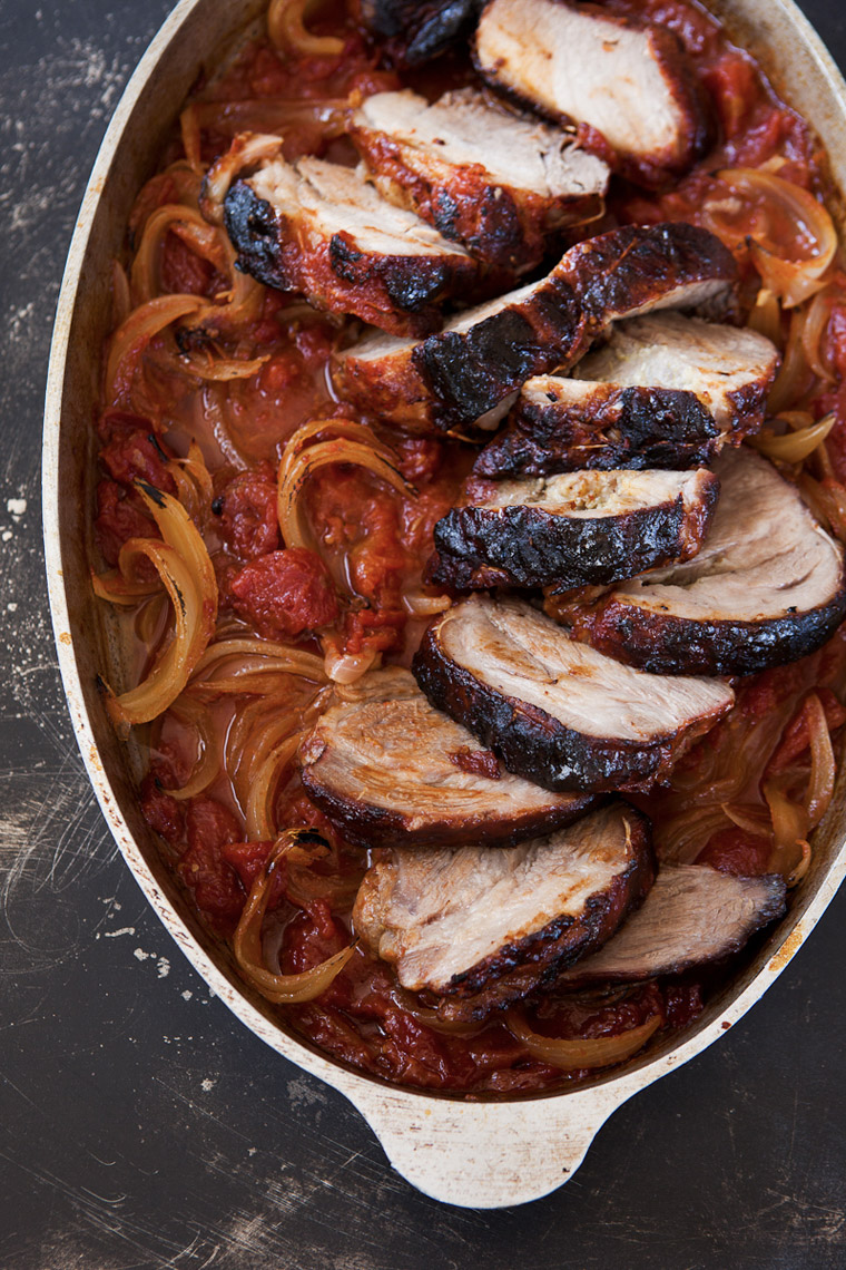 food stylist in San Francisco - Roast pork with caramelized onions for Food & Wine Magazine, photographed by Erin Kunkel