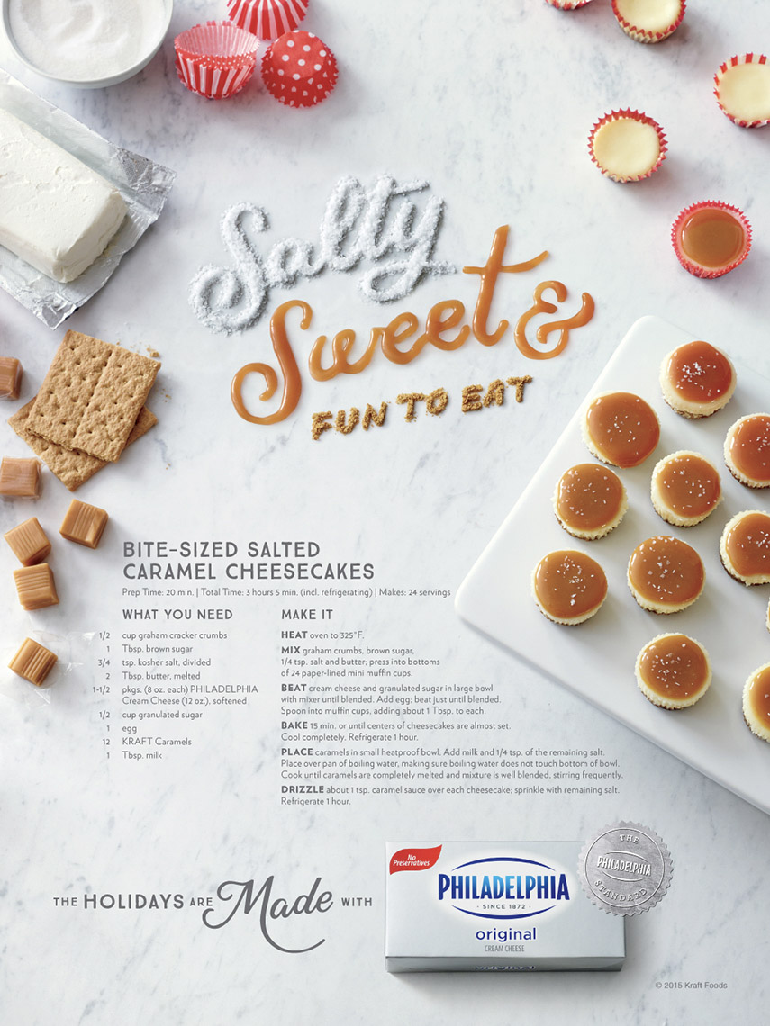 food stylist in Chicago - Bite sized salted caramel cheesecakes recipe for Kraft Philadelphia Cream cheese holiday advertising photographed by Laurie Frankel photographer