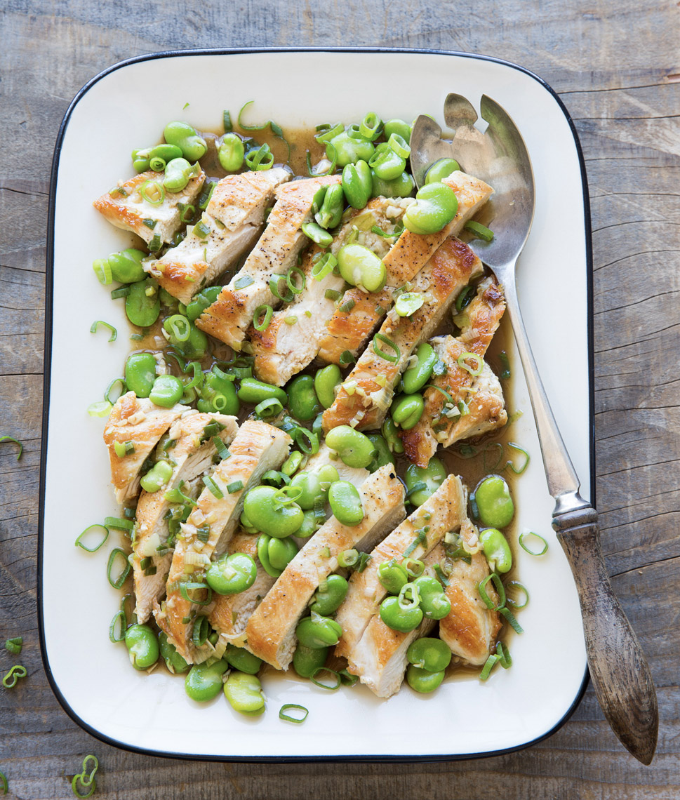 food stylist in San Francisco - Chicken with Fava Beans for Healthy Dish of the Day Cookbook by Kate McMillan, photographed by Erin Kunkel Photographer