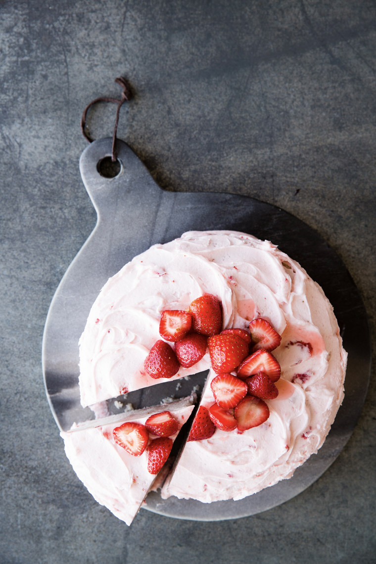 food stylist in San Francisco - Strawberry velvet cake Let us All eat Cake cookbook - Catherine Ruehle authorn photographed by Erin Kunkel Photographer
