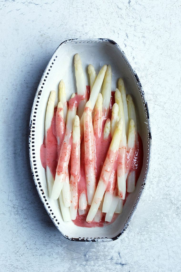 food stylist in Berkeley - White asparagus with blood orange sauce for James Beard Award winning-Bitter Cookbook photographed by Aya Bracket Photography