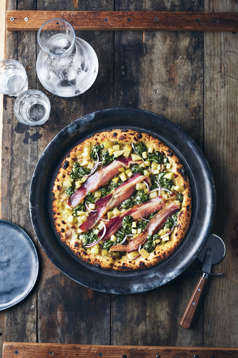 food stylist in San Francisco - Pizza with prosciutto for Rustic Italian Cookbook by Domenica Marchetti, photographed by Maren Caruso photograpers