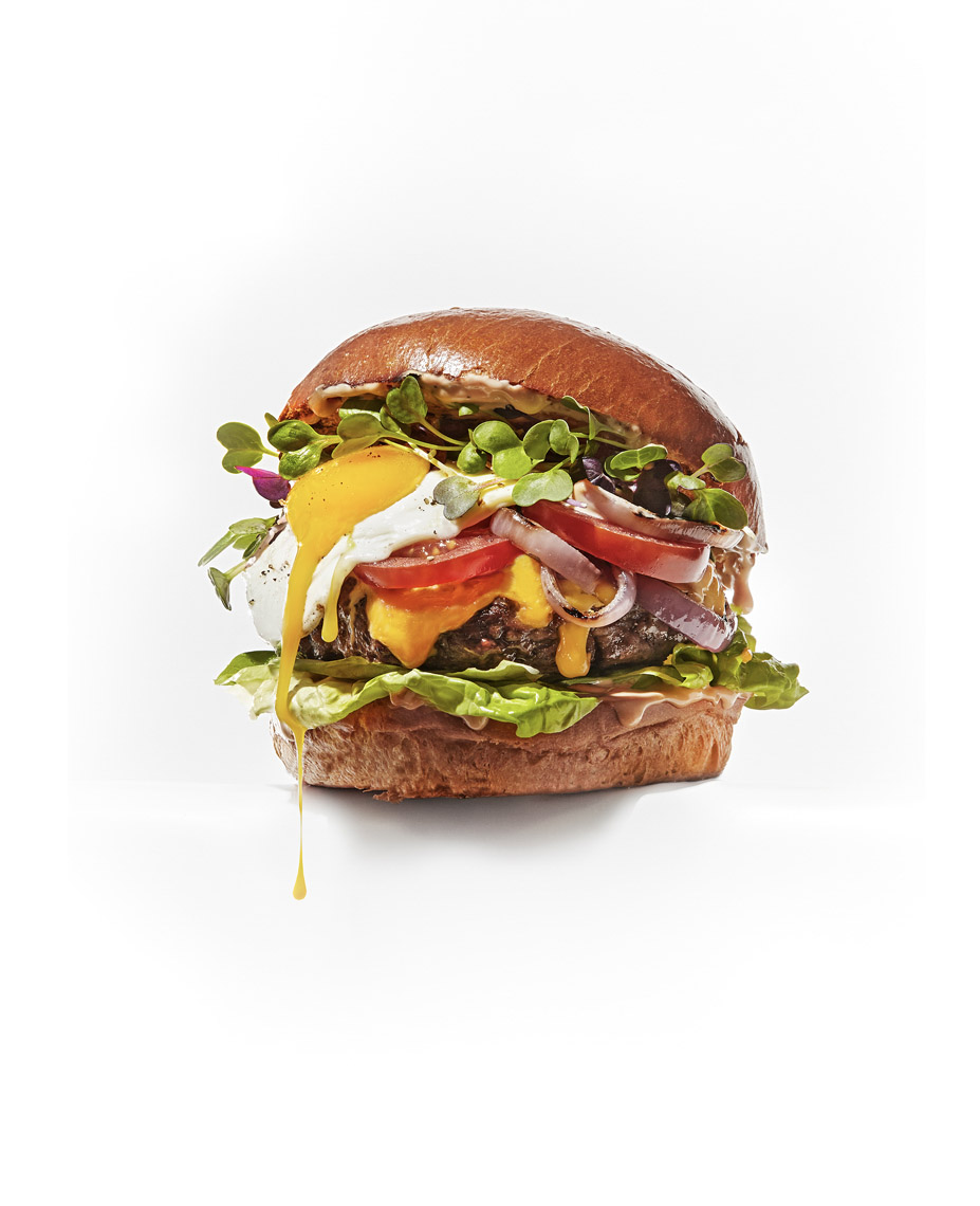 food stylist in San Francisco - Burger with sprouts and fried egg - photographed by Sue Tallon