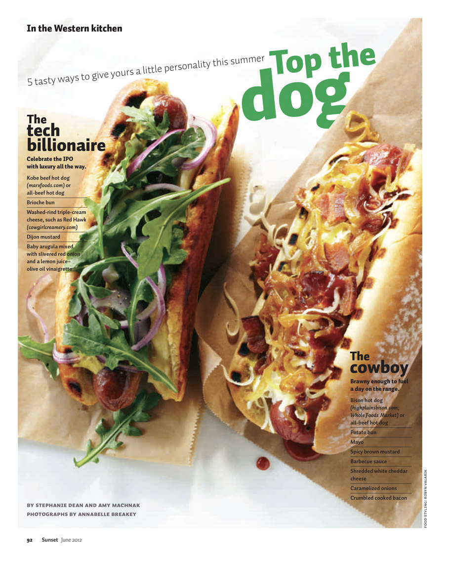 food stylist in San Fancisco - Pretzel dog. Kraut dog. Grilled dog Hot dog story - Sunset Magazine photographed by Annabelle Breakey photographer