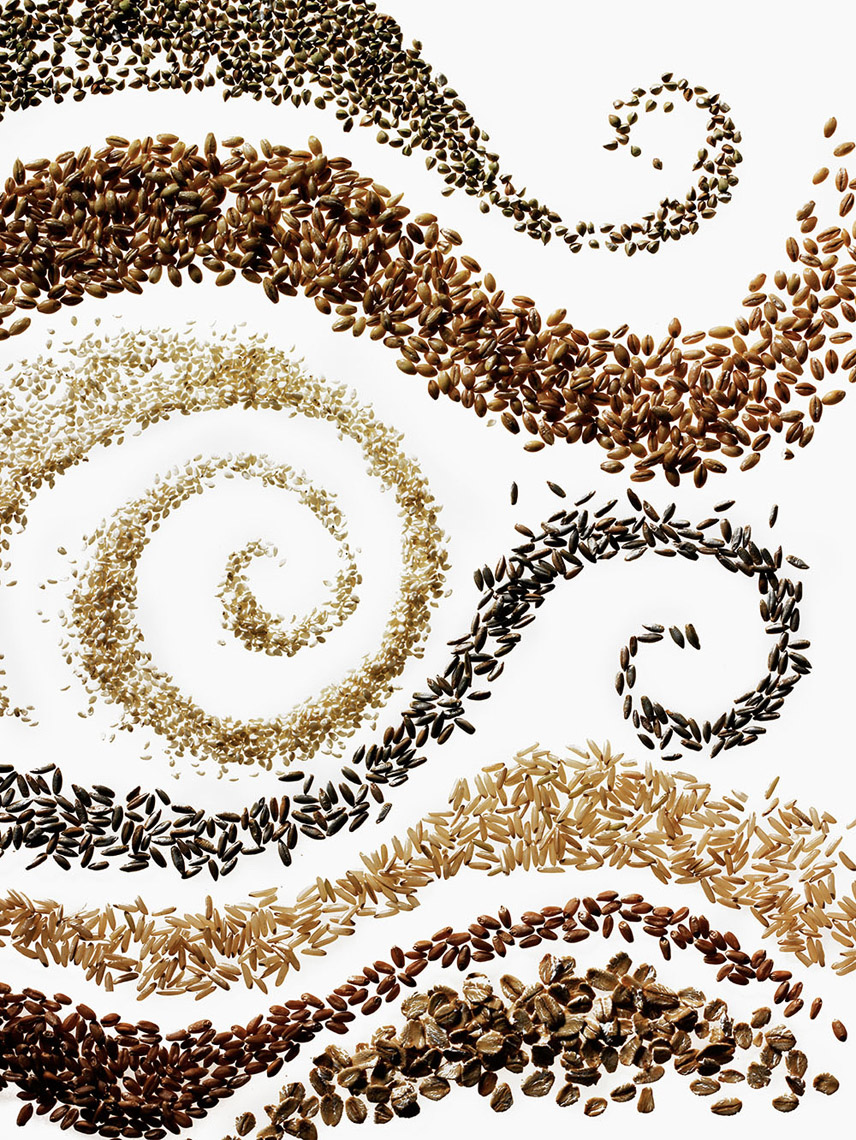 food stylist in San Francisco - Seven grains abstarct composition. hard red wheat, brown rice, oats, barley, triticale, rye, buckwheat, sesame seeds
