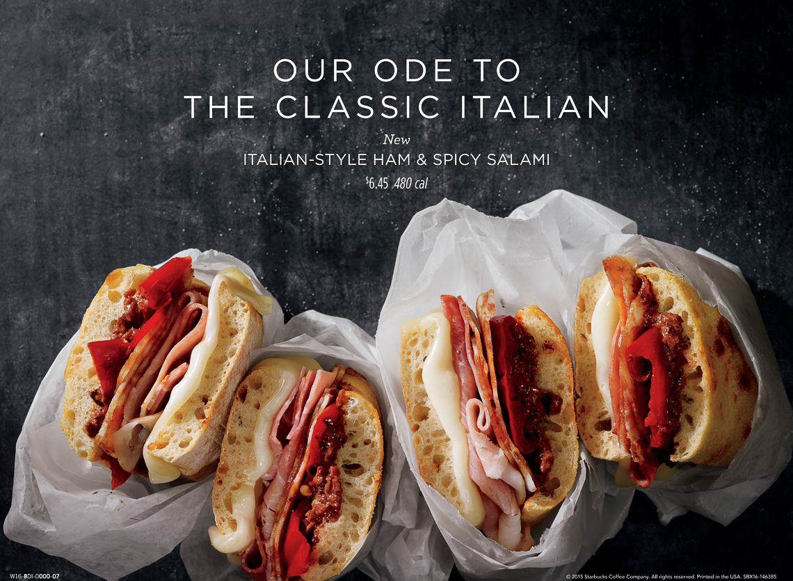 food stylist in Chicago - The classic Italian Starbucks hot sandwiches to-go menu boards advertising photographed by Dan Goldberg photographer